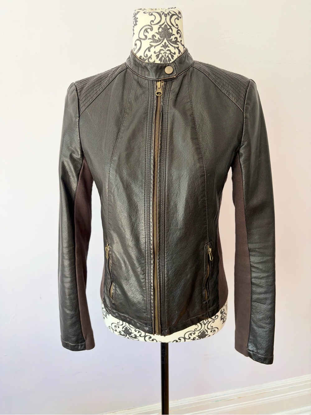 Bass Dark Brown Faux Leather Moto Jacket with Side Panels and Snap Collar XS